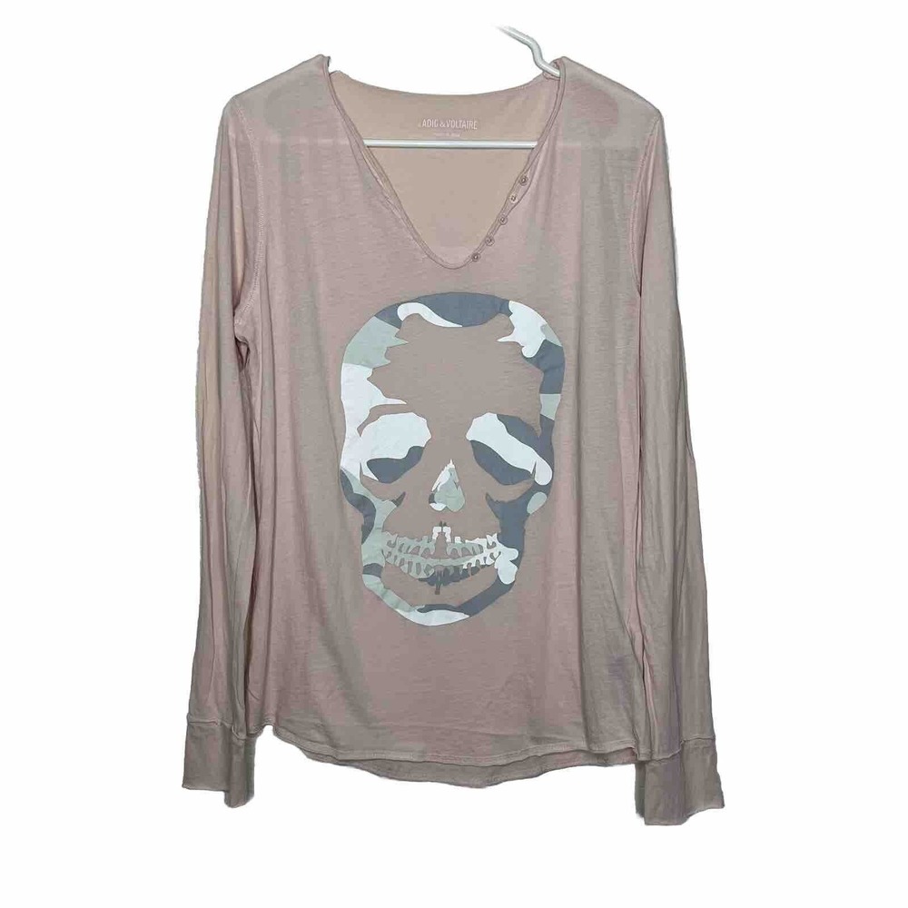 Zadig & Voltaire Long Sleeve Henley Black Pink Camo Skull V Neck Large